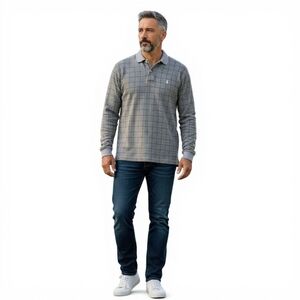 Polo Ralph Lauren Gray Windowpane Cotton Long Sleeve Preppy Mens Polo Shirt XL